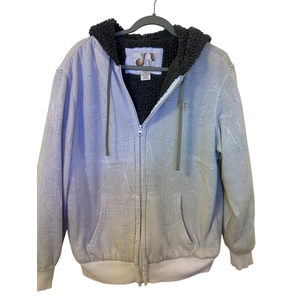 Vintage Ocean Pacific OP Mens Large Sherpa Lined Zip Hoodie Geometric Maze Print